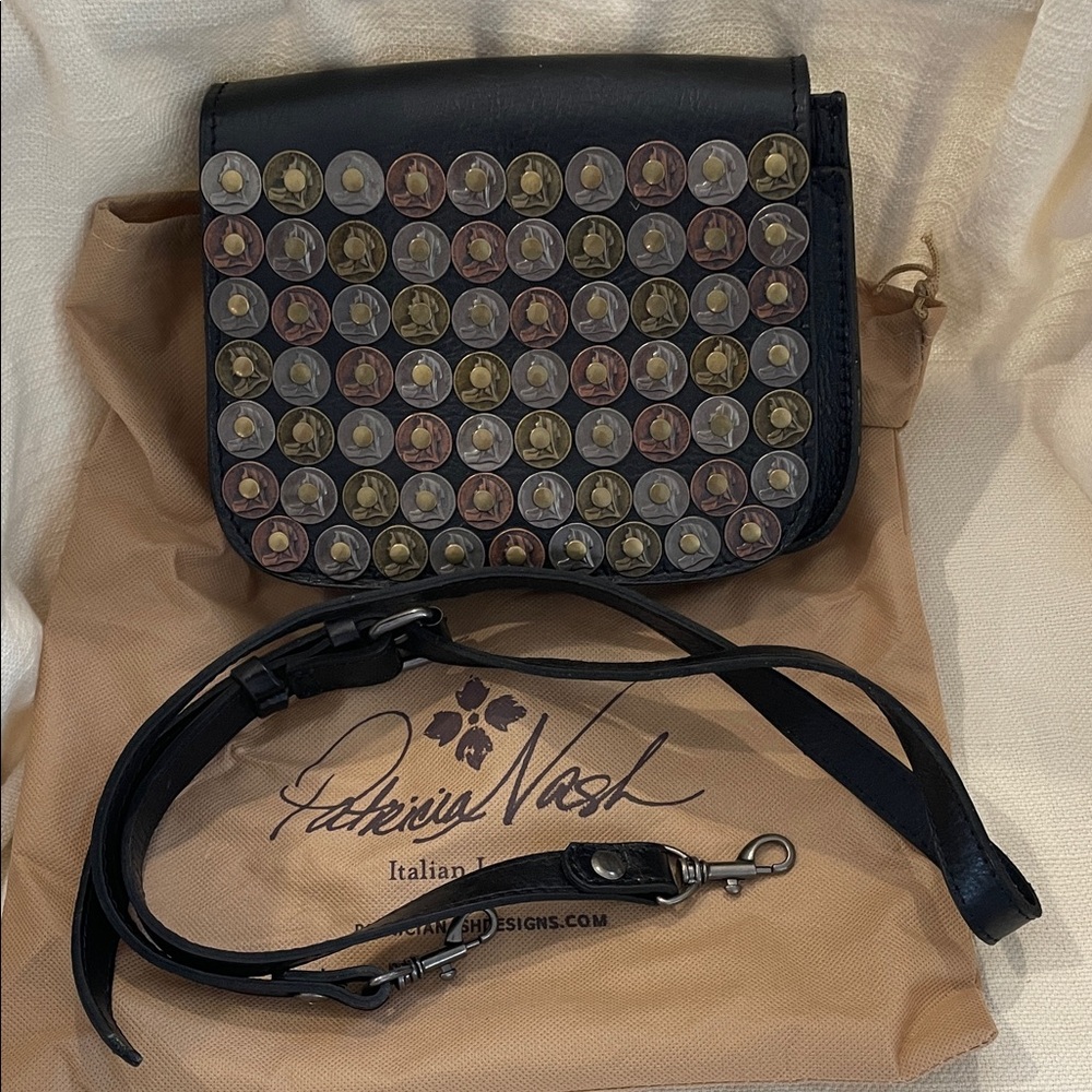 Patricia Nash Black Leather Crossbody with Studded Coin Accents